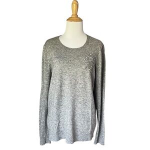 LOFT Gray Crew Neck Sweater with sequin embellishment